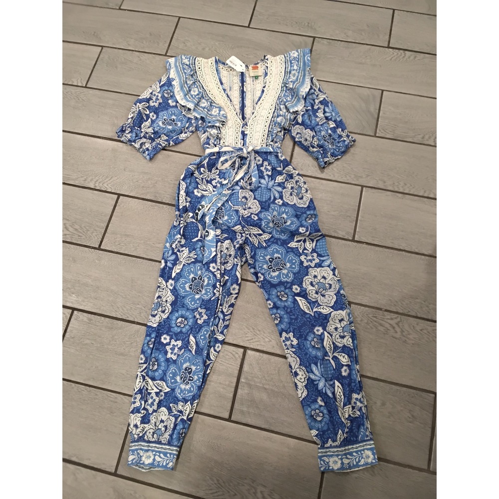NWT FARM Rio Jumpsuit Blue White Floral Ruffle Lace V Neck Tie Waist XS